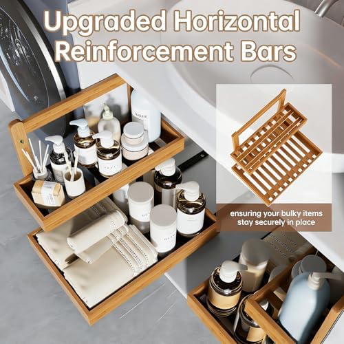 Under Sink Organizer - 2 Tier Pull Out Cabinet Shelves with Adjustable Height, Undersink Storage Slide Out for Kitchen Bathroom Cabinet Pantry (Natual, 2 Packs) - Image 6