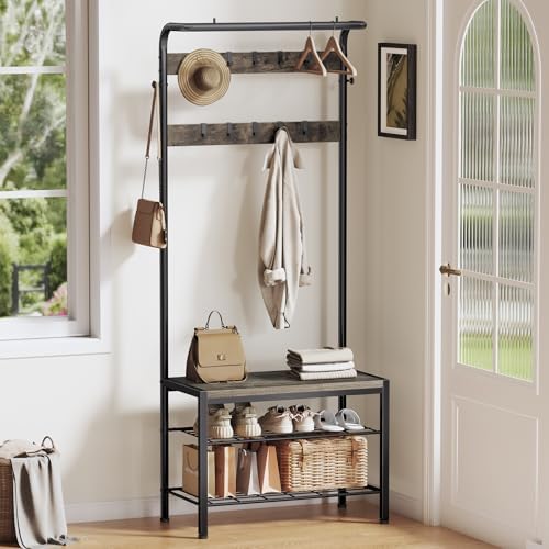 Hall Tree with Bench and Shoe Storage, 4-in-1 Entryway Organizer with 10 Hooks and Storage Shelf,Coat Rack Freestanding with 2-Tier Storage Shelf for Living Room, Bedroom Gray - Image 2