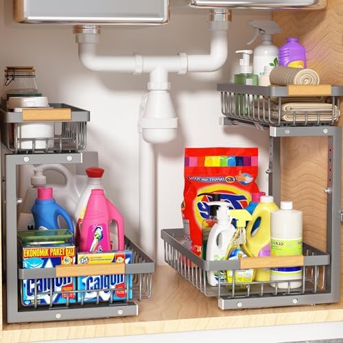 Liuoud Under Sink Organizer 2 Pack, 2 Tier Slide Out Large Capacity Height Adjustable Under Sink Organizers and Storage for Kitchen Bathroom Cabinet, Grey by Liuoud