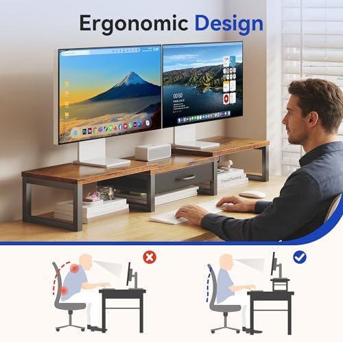Desk Organizers and Accessories, Dual Monitor Stand Riser with Drawer, Computer Monitor Stand, Adjustable Desk Shelf for PC Laptop Printer TV, Brown - Image 4