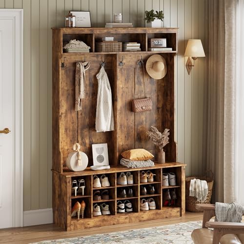 Wodeer Hall Tree with Bench and Shoe Storage, 53" Farmhouse 4-in-1 Mudroom Storage Organizer with Coat Rack, 6 Hooks, 12 Shoe Cubbies, Adjustable Shelf, for Entryway, Hallway, Living Room, Brown by WODEER