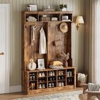 Wodeer Hall Tree with Bench and Shoe Storage, 53" Farmhouse 4-in-1 Mudroom Storage Organizer with Coat Rack, 6 Hooks, 12 Shoe Cubbies, Adjustable Shelf, for Entryway, Hallway, Living Room, Brown by WODEER
