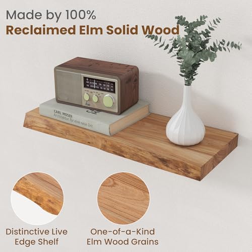 Floating Shelves for Wall Decor, Rustic Solid Elm Wood Live Edge Floating Shelves Wall Mounted, Wall Shelves with Invisible Bracket for Living Room Bathroom Bedroom Kitchen, 20 Inch Set of 2, Natural - Image 3