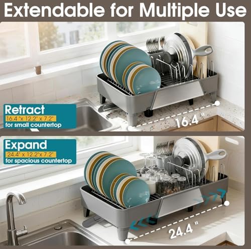 Large Expandable Dish Drying Rack, Dish Racks for Kitchen Counter, Space Saving & Rust Resistant Dish Drainer with Removable Drainboard & Utensil Holder, Adjustable Length 16.4 to 24.4 Inches - Image 5