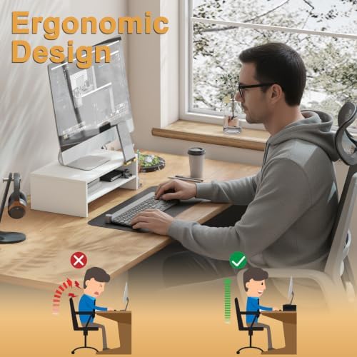 TEAMIX 2-Tier White Monitor Stand Riser with Phone Holder&Clear Pen Holder - Image 3