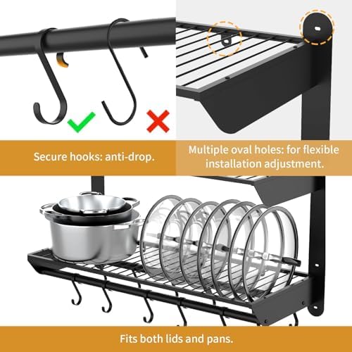 Taozun Pot Rack Wall Mounted 30 Inch, 2-Tier Heavy Duty Pot and Pan Hanging with 12 Anti-Drop Hooks, Kitchen Cookware & Utensils Storage Hanger - Image 2