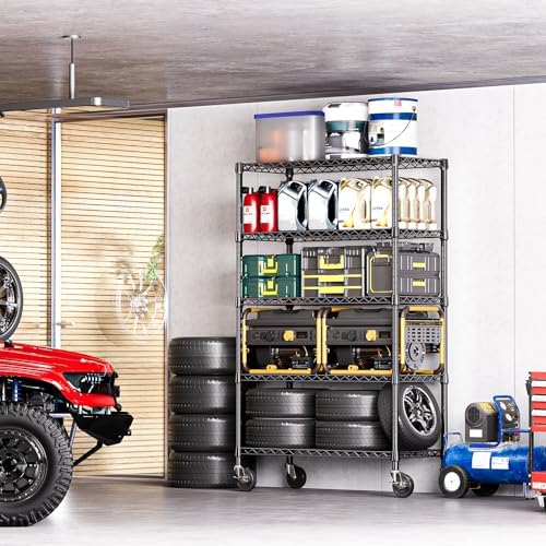 IZEUK 5-Tier Adjustable Heavy Duty Steel Wire Shelving Unit with Wheels, Storage Rack Organizer for Garage, Kitchen, Office, Laundry, Basement (Black, 17.7" D x 47.2" W x 76.7" H, 1750 lbs Capacity) - Image 2