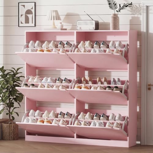 Xixini Shoe Storage Cabinet for Entryway with 6 Flip Drawers, Sturdy Wood Hidden Shoe Storage, Freestanding Narrow Slim Shoe Organizer for Front Door Entrance, Living Room, Hallway, Bedroom, Pink by Xixini