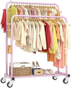 Laiensia Double Rods Garment Rack with Wheels, Clothing Rack for Hanging Clothes,4 Hooks, Multi-Functional Bedroom Clothes Rack, Pink by Laiensia
