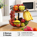 WILDMOS 2-tier Fruit Basket Bowl,Metal Basket with Wooden Base,Fruit and Vegetable Storage with Banana Hanger,Fruit Basket for Kitchen Counter Organizer. - Image 4