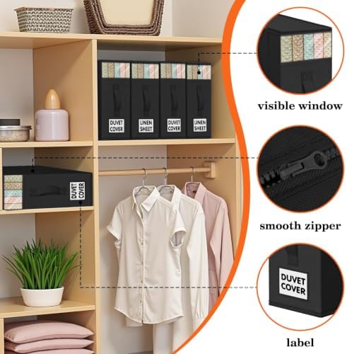 WOWBOX Sheet Organizers and Storage,Closet Bed Sheet Organizer Under Bed Storage and Organization with Label Cards & Clear Window for Bedding Sheets,Duvet Covers,Blankets (6 Pack，Black) - Image 2