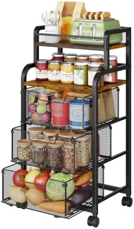 Yociyoga Fruit Vegetable Storage Cart, Kitchen Rolling Cart with Wheels, 4 Tier Pantry Organizer and Storage Cart with Drawer, Wooden Top Kitchen Organizer Rack Stand for Onion Potato Can Snack by FollowWithYociyogaTogether