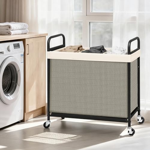 STORAGE MANIAC Rolling Laundry Hamper with Wheels 3-Section Laundry Sorter Rolling Laundrys Basket on Wheels with Removable Bag Clothes Hamper Laundrys Organizer Cart Bathroom Bedroom 120L Beige - Image 2