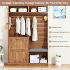43.3" Hall Tree with Shoe Storage, Entryway Coat Rack with Flip Drawers Shoe Cabinets, Padded Shoe Changing Bench, Metal Hanging Rod & Hooks, Fluted Grain Accent Entryway Organizer for Hallway - Image 6