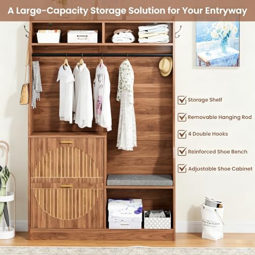43.3" Hall Tree with Shoe Storage, Entryway Coat Rack with Flip Drawers Shoe Cabinets, Padded Shoe Changing Bench, Metal Hanging Rod & Hooks, Fluted Grain Accent Entryway Organizer for Hallway - Image 6