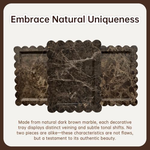 Rectangle Marble Tray with Scalloped Edge, Dark Brown Decorative Tray for Bathroom Vanity, Kitchen Counter, Dresser Top Organizer, Perfume Jewelry Holder, 11x8 Inch Natural Stone Home Décor - Image 3