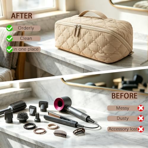 Hair Tools Travel Bag 5-Piece Set with Heat Resistant Mat Insulated Pouch and 2 Cord Straps, Large Fabric Organizer for Hot Brush Curling Iron Flat Iron Hair Dryer, Available in Camel - Image 7
