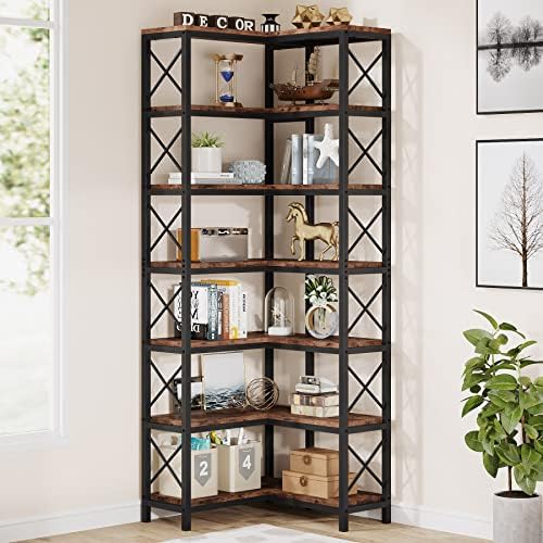 Tribesigns 7-Shelf Corner Bookshelf,Large Modern Corner Bookcase, 7-Tier Tall Corner Shelf Storage Display Rack with Metal Frame for Living Room Home Office (Rustic Brown) by Tribesigns