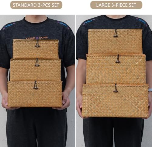 Nonam Large Wicker Basket with Lid,Seagrass Shelf Basket Set of 3,Nautral - Image 4