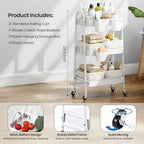 3-Tier Rolling Utility Cart with 4 Woven Baskets, Diaper Book Snack Cart, Storage Organizer for Nursery, Kitchen, Craft Room, Home SPA, Living Room, Metal Frame Trolley on Lockable Wheels, White - Image 2