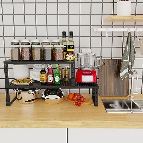 Jojocross Expandable Adjustable Stackable Kitchen Organizer, Spice Rack,Metal Pantry Storage Shelves Racks,Counter Shelf for Cabinets, Countertop, Cupboard (2 Packs/Large/Black) - Image 2