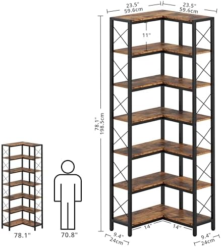 IRONCK Corner Bookshelf, 7-Tier Industrial Corner Shelf, Vintage Brown - Image 2