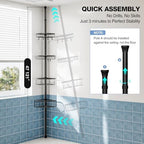 Corner Shower Caddy Tension Pole: Stainless Steel Rustproof 4-Tier Shower Organizer - 47-121 inch Adjustable Bathroom Shelves for Bathtub Shampoo Storage - Tension Rod Floor Standing Bath Rack - Black - Image 2