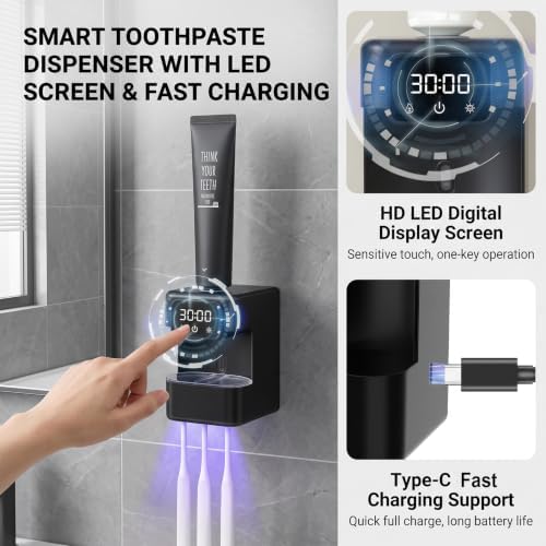Wall-Mounted Automatic Toothpaste Dispenser, Toothbrush Cleaner with Sensor-Activated Design, Toothbrush Holder with Removable Slots & Smart Display, Toothpaste Dispenser for Kids & Adult (Black2.0) - Image 7