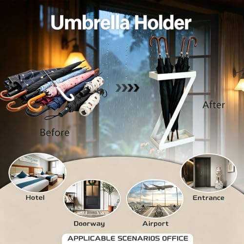 Umbrella Holder for Entryway, White Indoor Umbrella Stand with Hooks,Metal Umbrella Storage Rack Ideal for Home Office Hotel Lobby - Image 6