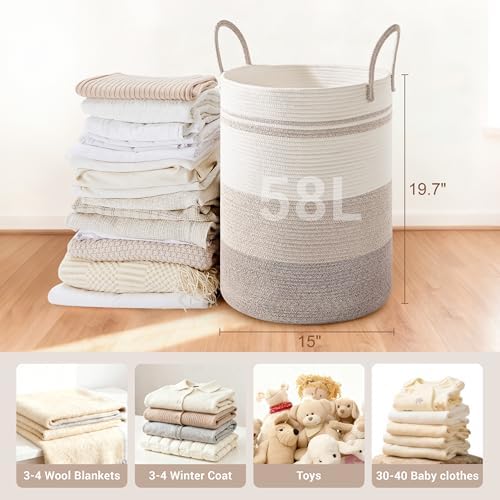 58L Tall Cotton Rope Laundry Basket with Handles, Brown Striped - Image 2