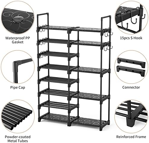 ROJASOP Shoe Rack Organizer, 8-Tier Metal Shoe Rack for Closet Entryway Garage, 26-32 Pairs Tall Shoe Boot Storage Shelf with 15 Hooks, Stackable Large Shoe Stand - Image 5