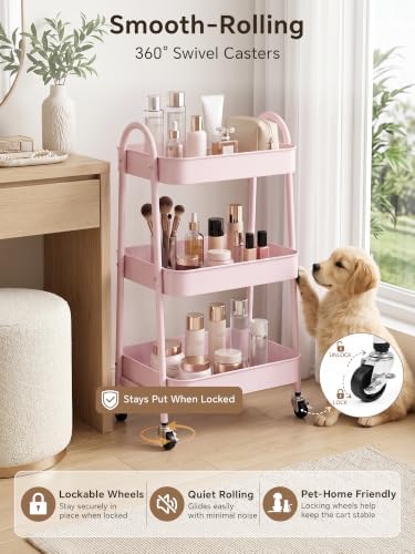 Booklov Rolling Makeup Cart Organizer, 3 Tier Utility Storage Cart, Pink - Image 4