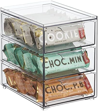mDesign Plastic Stackable 3-Drawer Kitchen Storage Organizer - Bin with Divided Pull-Out Drawers for Pantry, Shelf, Fridge/Refrigerator, and Freezer Organization - Lumiere Collection - Clear by mDesign