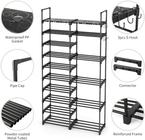 ROJASOP Shoe Rack Organizer, 10-Tier Metal Shoe Rack for Closet Entryway Garage, 32-36 Pairs Tall Shoe Boot Storage Shelf with Hooks, Stackable Large Shoe Stand, Black - Image 4