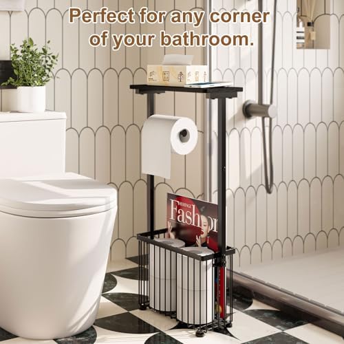 Free Standing Toilet Paper Holder with Storage Shelf – Bathroom Tissue Stand with Space for Phone, Wet Wipes and Magazines – All-in-One Toilet Roll Dispenser and Organizer Holds 4-6 Rolls - Image 2
