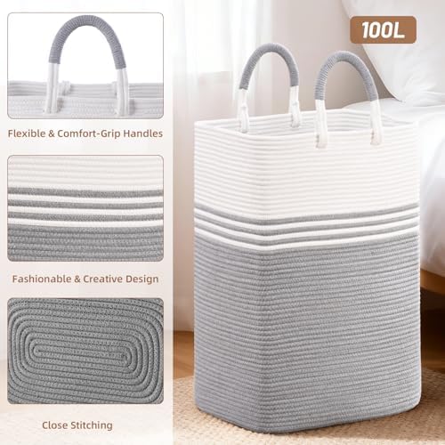 Laundry Basket Hamper,Blanket Storage,Dirty Clothes Hamper with Swivel Handles,Woven Cotton Rope Toy Baskets,Blanket Basket Living Room,Decorative Hampers for Nursery,Bedroom,White & Gray,100L - Image 6