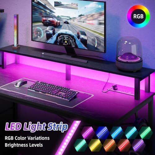 SUPERLELE Gaming Desk with Power Outlet, LED Lights, Storage Shelf & Drawer - Image 4