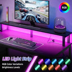 SUPERLELE Gaming Desk with Power Outlet, LED Lights, Storage Shelf & Drawer - Image 4