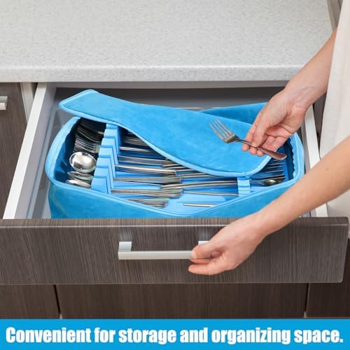 Teenyyou Zippered Flatware Storage Drawer Liner Silverware Storage Bag Tarnish Preventative Silver Organizer Cutlery Case Container Box Large Capacity Silverware Chest 15.75" x 11.02" x 3.94"(Blue) - Image 5