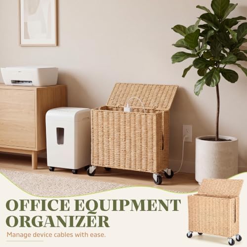 Briwooody Extra Large Rattan Cable Management Box with Caster Wheels, Brown - Image 4