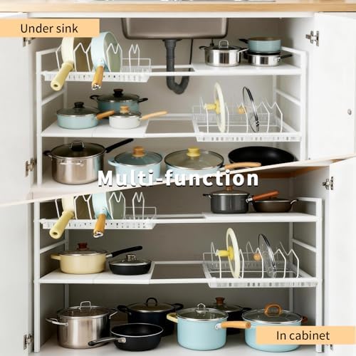 Pots and Pans Organizer Under Cabinet, Expandable Pots Organizers Inside Cabinet, Adjustable Height Under Sink Shelf 2 Tier with 10 Dividers Under Cabinet Shelf, Pot and Pan Lid Holder Rack (White) - Image 5
