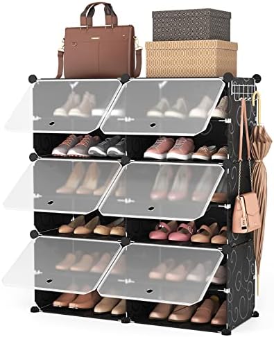 ROJASOP Portable Shoe Rack Organizer 6-Tier Shoe Cabinet 24-Pair Shoe Organizer Shoe Storage Expandable Free Standing Stackable Space Shoe Rack with 2 Exclusive Versatile Hooks for Bedroom Black by ROJASOP