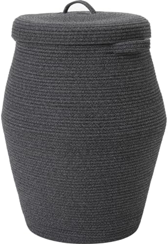 26"x20" Extra Large Tall Woven Laundry Basket with Lid, Cotton Rope Blanket Storage Basket, Freestanding Decorative Bin for Bedroom Living Room, Black & Grey Mix by Cottonphant