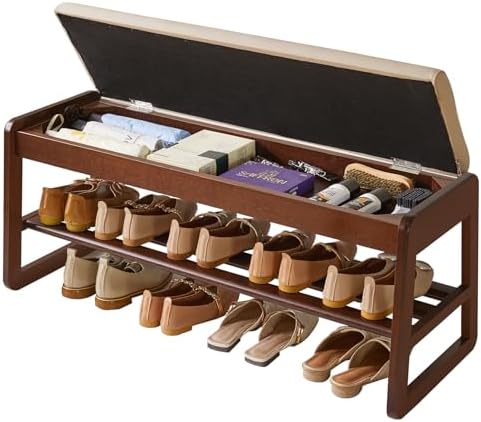 Aibiju Shoe Rack Bench with Cushion, 2 Tiers Wood Shoe Bench with Flip-Top Storage, 39.37in Shoe Rack for Entryway, Hallway, Walnut Color YD-WD062B by Aibijusolidwoodfurniture