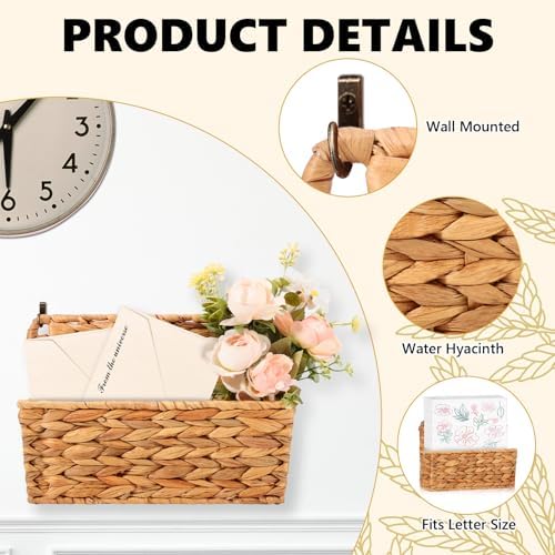 2 Pcs Woven Mail Holder Wall Mount Basket 9.25x1.57 Inch Rattan Wall Letter Holder Wicker Wall Basket Storage Water Hyacinth Hanging Storage Basket with Hooks for Mail Envelope Office - Image 3