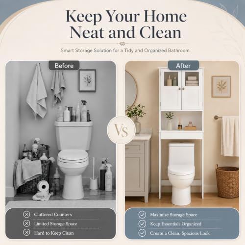 VINGLI Over The Toilet Storage Cabinet White Bathroom Storage Organizer Above the Toilet Shelf with Acrylic Glass Double Doors Wood Muebles para BañO Rack with Adjustable Shelf - Image 6