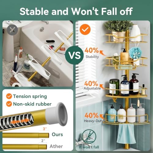 Corner Shower Caddy Tension Pole, 4 Tier Rustproof Shower Tension Rod Organizer, Adjustable 25-125 Inch Bathroom Shower Organizer Shelves for Bathtub Shampoo Storage, Gold - Image 2