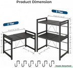 Y YOMA Extendable Microwave Oven Rack, 2 Tier Metal Kitchen Countertop Organizer with 6 Hooks, Adjustable Shelf for Bakers, Holds 60lb, Black - Image 3