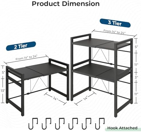 Y YOMA Extendable Microwave Oven Rack, 3 Tier Metal Kitchen Countertop Organizer with 6 Hooks, Adjustable Shelf for Bakers, Holds 60lb, Black - Image 3