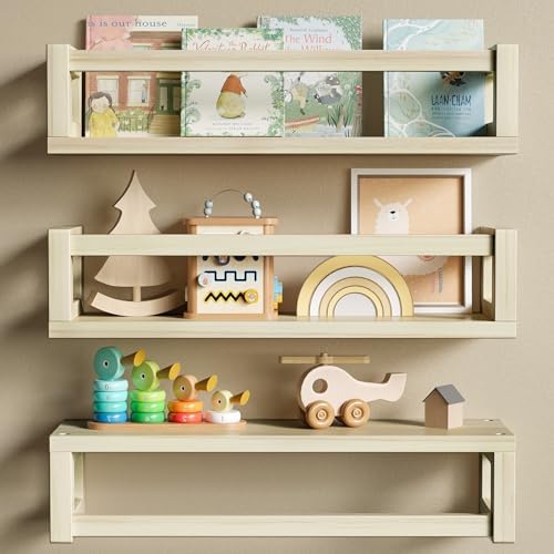 3Pack Solid Wood Floating Shelves for Wall, Nursery Bookshelf NaturalPoplar by Makestorageclosetolife